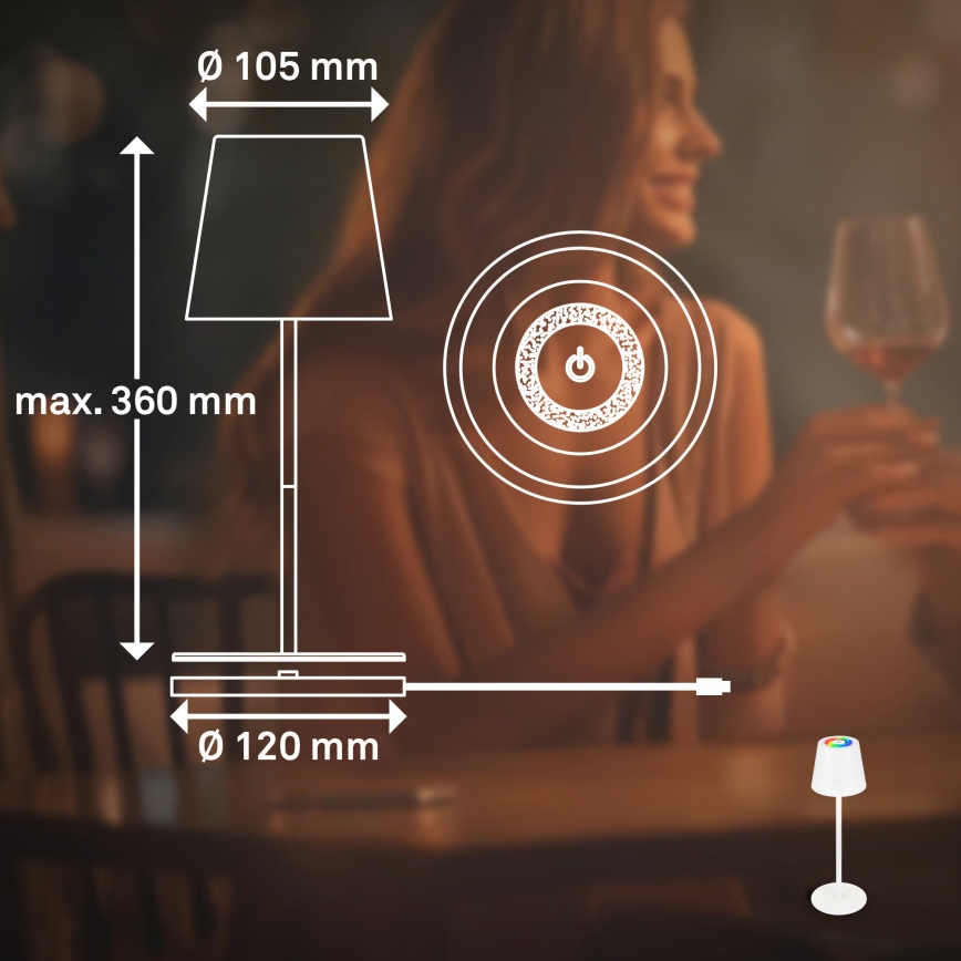 Briloner 7517016 - Lampe de table d'extérieur rechargeable CILANO LED RGBW dimmable, 3W/5V, IP44, 2000 mAh, blanche