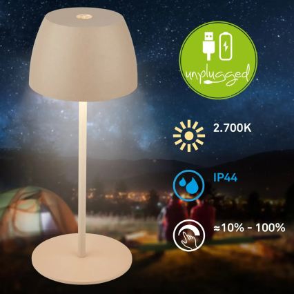 Briloner - Lampe de table d'extérieur MINI LED tactile et dimmable, rechargeable 2,5W/5V, IP44, 1800 mAh, beige
