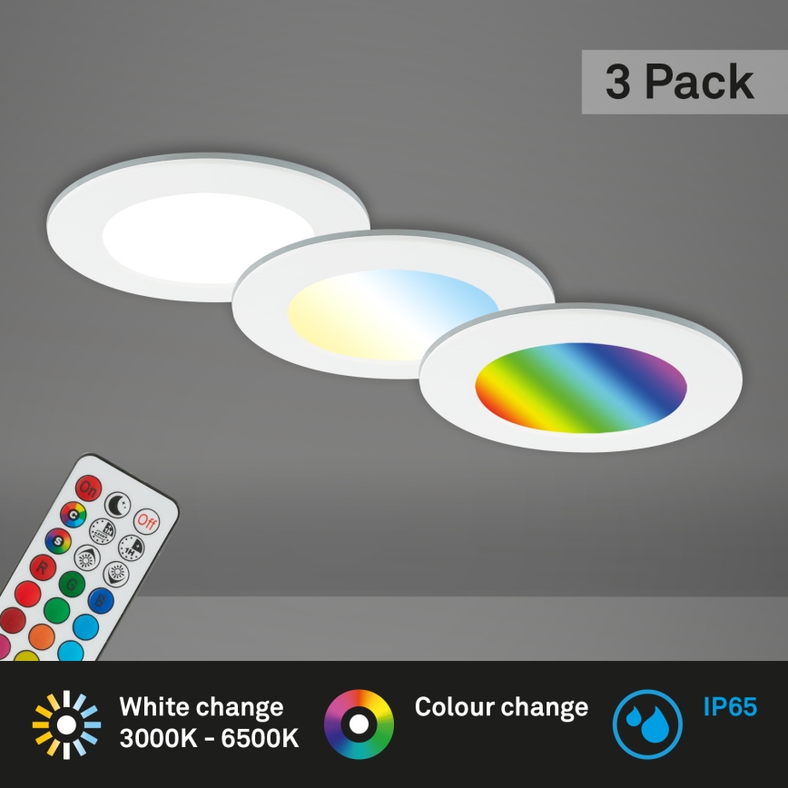 Briloner - LOT x3 Spot de salle de bain RGBW encastrable à intensité variable LED/4,8W/230V 3000-6500K IP65 + télécommande