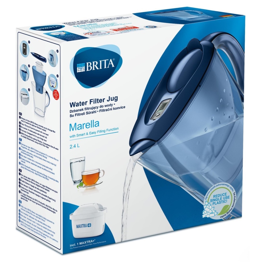 BRITA Carafe filtrante Marella bleue (2,4l), 3 filtres MAXTRA+ inclus,  réduit le calcaire, le chlore et le plomb pour une eau du robinet plus pure  – dans emballage Smart Box durable 