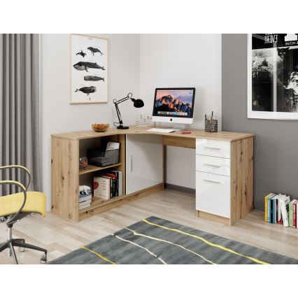 Bureau avec étagère et tiroirs ROBERTO gauche 150x120 cm chêne artisan/blanc