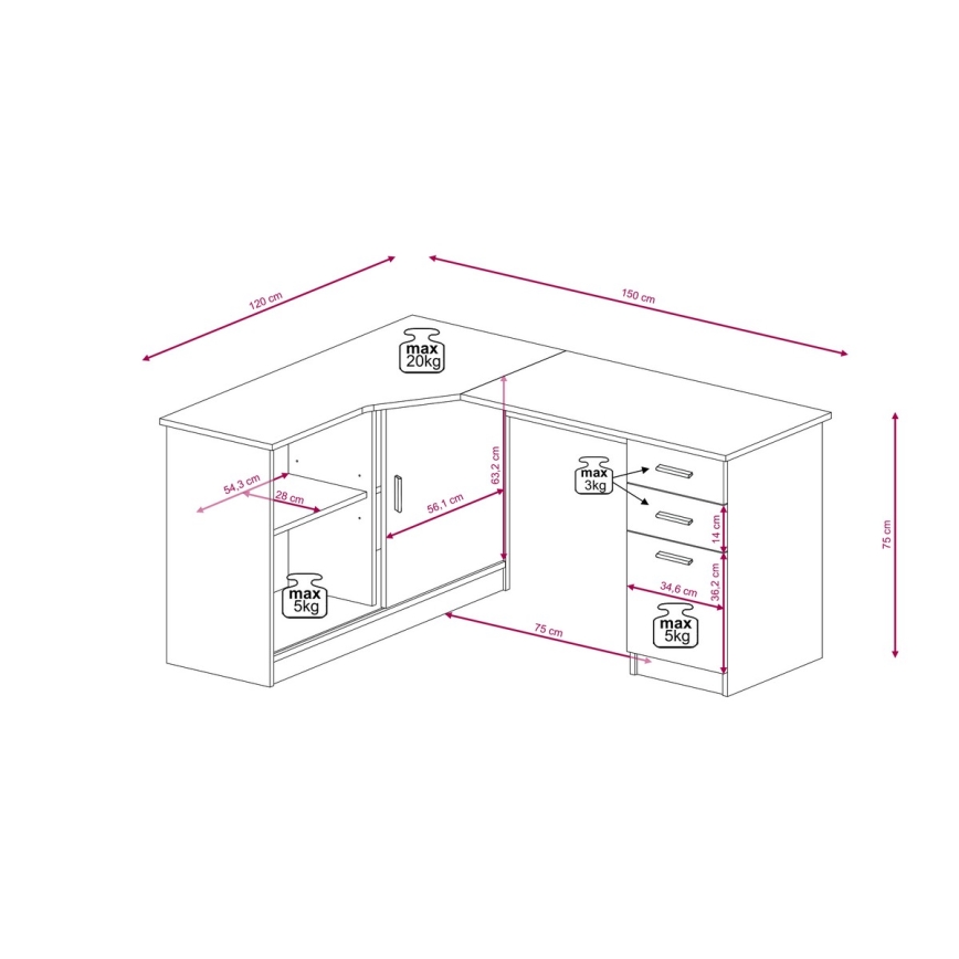 Bureau avec étagère et tiroirs ROBERTO gauche chêne artisan/blanc