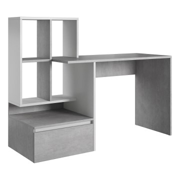 Bureau avec étagère MARLO, gris béton/blanc
