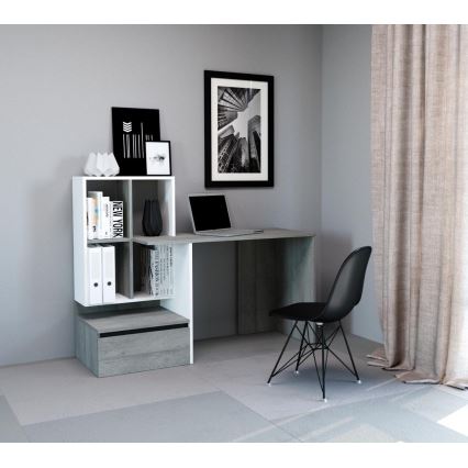 Bureau avec étagère MARLO, gris béton/blanc