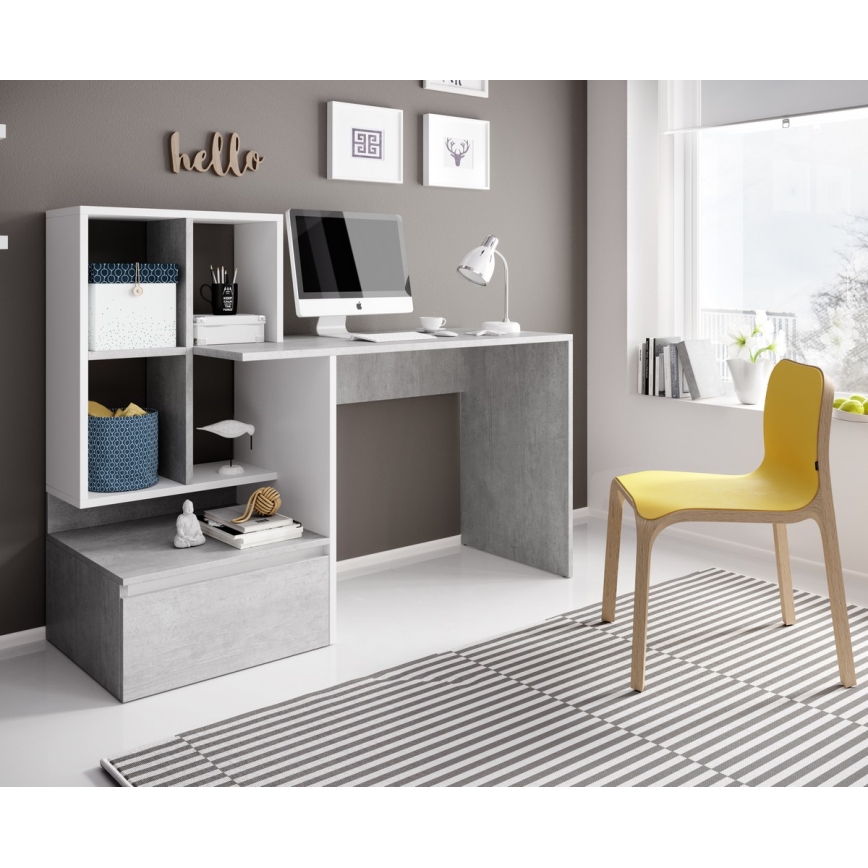 Bureau avec étagère MARLO, gris béton/blanc