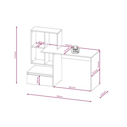 Bureau avec étagère MARLO, gris béton/blanc