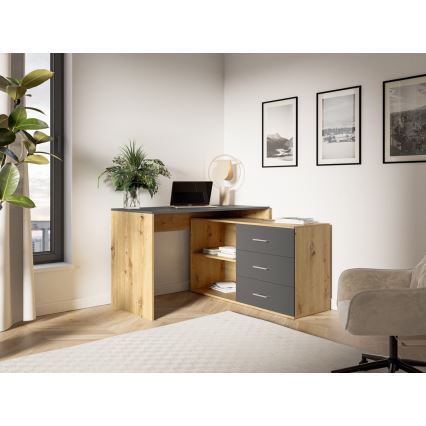 Bureau avec tiroirs et angle réversible D/G JULES chêne artisan/anthracite