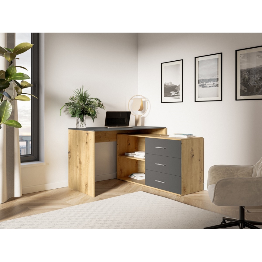 Bureau avec tiroirs et angle réversible D/G JULES chêne artisan/anthracite