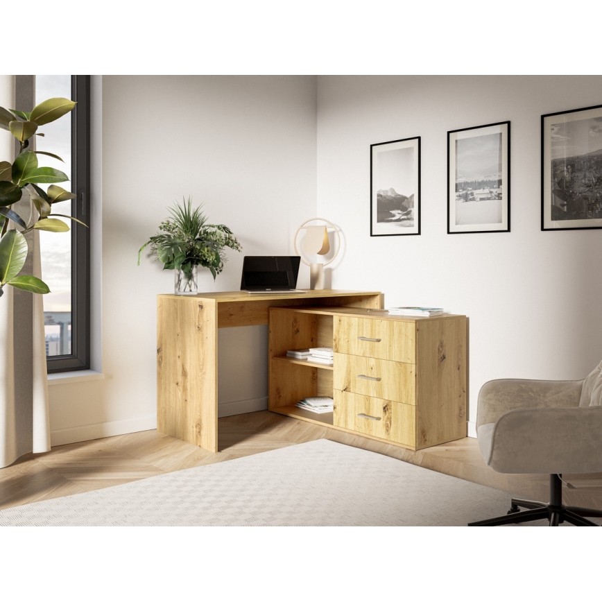 Bureau avec tiroirs et angle réversible (droite/gauche) JULES chêne artisan