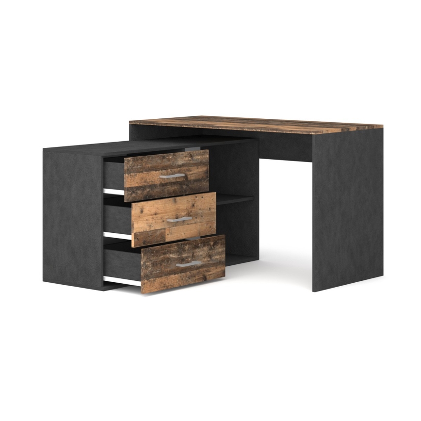 Bureau d'angle réversible avec tiroirs (droit/gauche) 120x120 cm JULES marron/noir
