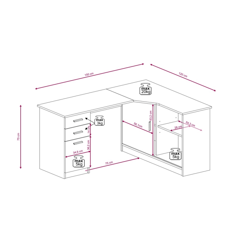 Bureau ROBERTO avec étagère et tiroirs, chêne massif Artisan / blanc