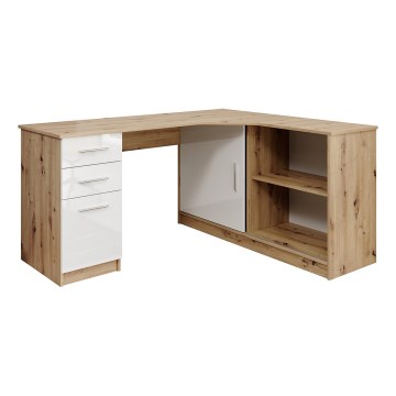 Bureau ROBERTO, version gauche, avec étagère et tiroirs, chêne artisan/blanc