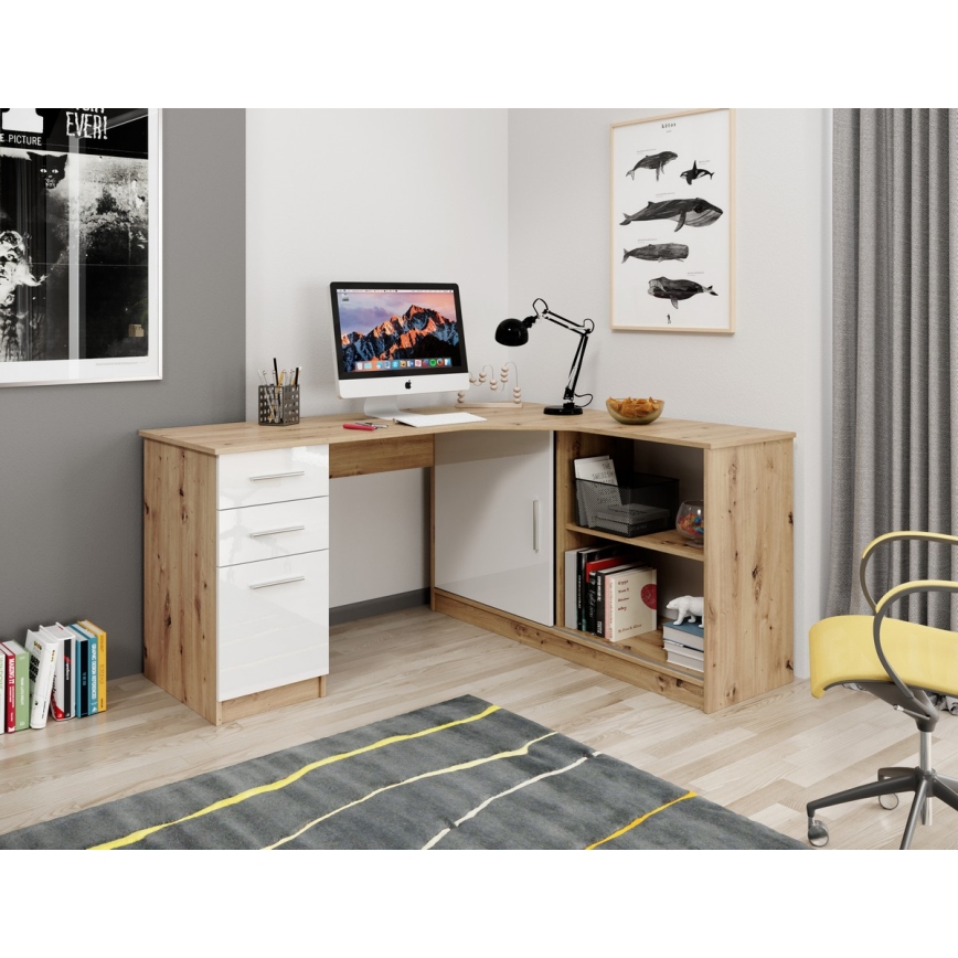 Bureau ROBERTO, version gauche, avec étagère et tiroirs, chêne artisan/blanc