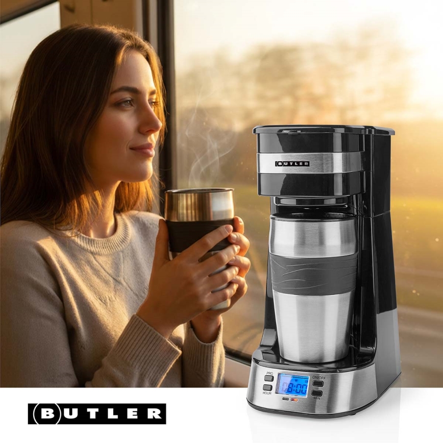 Butler - Machine à café pour une tasse 0,4 l avec minuterie et mug de voyage 750W/230V inox/noir