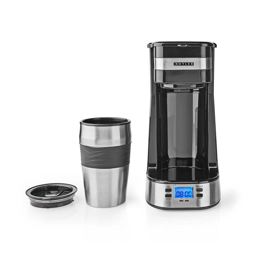 Butler - Machine à café pour une tasse 0,4 l avec minuterie et mug de voyage 750W/230V inox/noir
