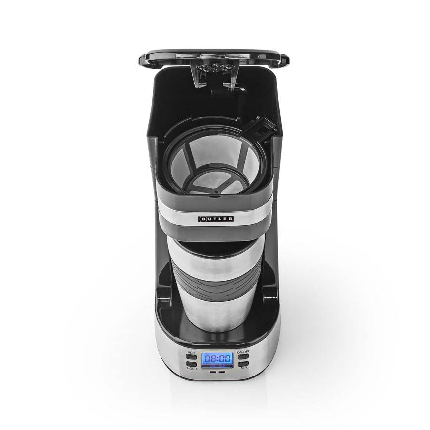 Butler - Machine à café pour une tasse 0,4 l avec minuterie et mug de voyage 750W/230V inox/noir