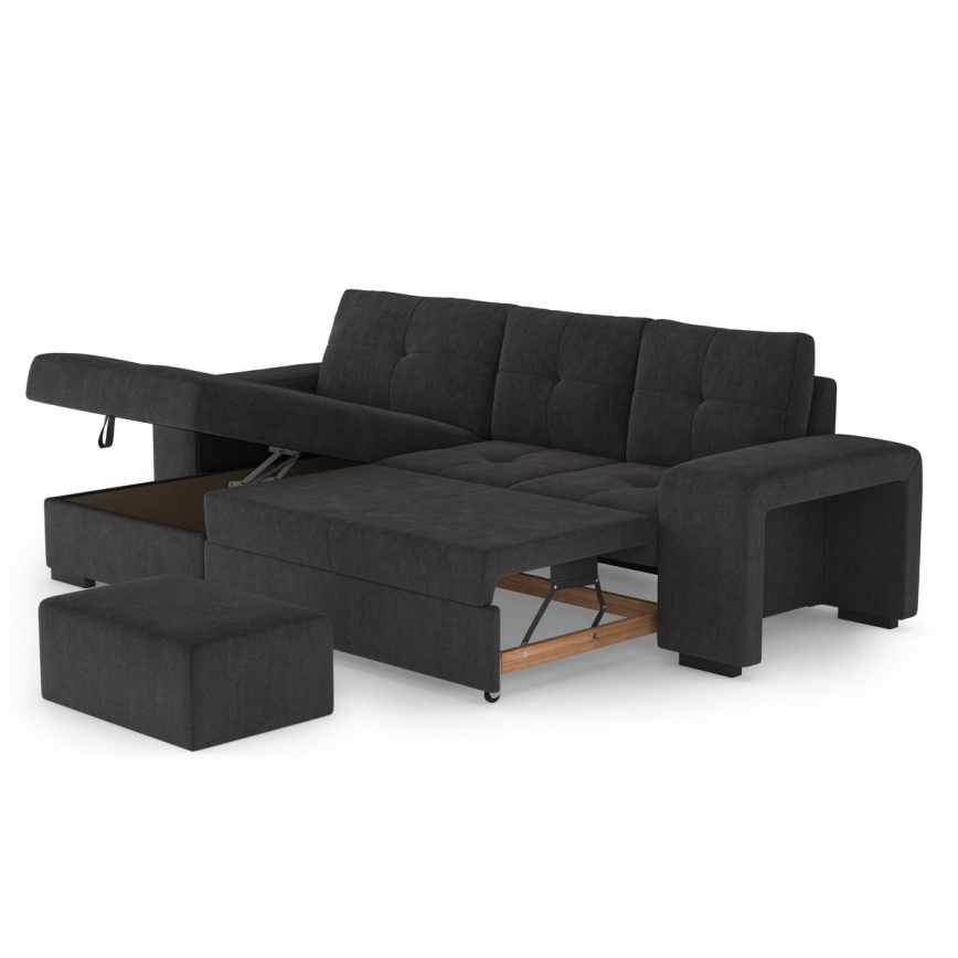 Canapé convertible PALERMO avec coffre de rangement et pouf, noir, version gauche