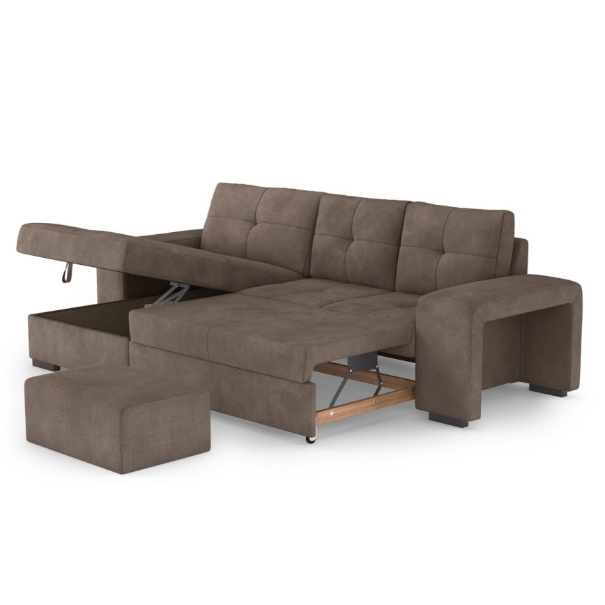 Canapé convertible PALERMO avec coffre de rangement et pouf — brun, version gauche
