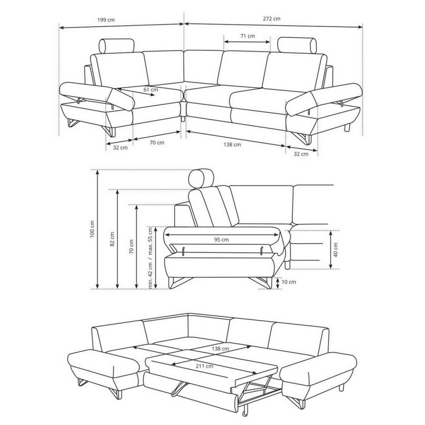 Canapé d'angle convertible rembourré avec rangement en L AVESTA, version droite, anthracite