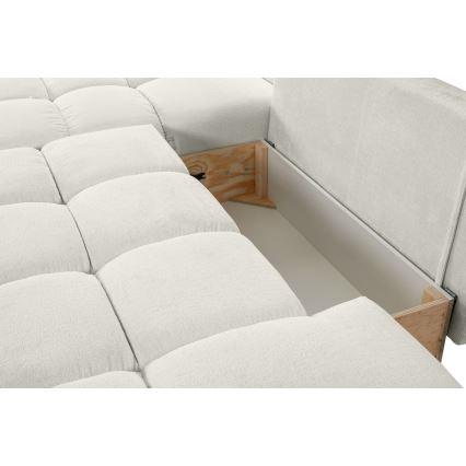 Canapé d'angle convertible rembourré en L ALMADA, version gauche, beige, avec coffre de rangement intégré