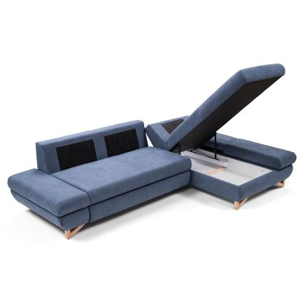 Canapé d'angle convertible rembourré AVESTA, configuration en L avec coffre de rangement, angle droit, bleu