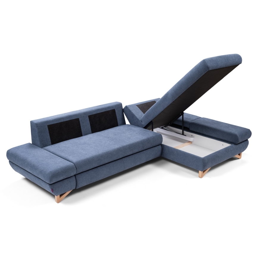 Canapé d'angle convertible rembourré AVESTA, configuration en L avec coffre de rangement, angle droit, bleu