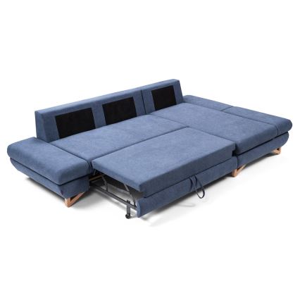 Canapé d'angle convertible rembourré AVESTA, configuration en L avec coffre de rangement, angle droit, bleu