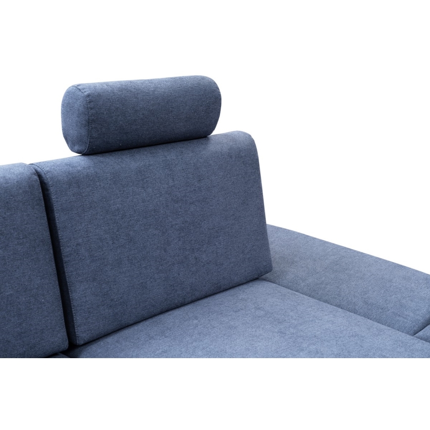 Canapé d'angle convertible rembourré AVESTA, configuration en L avec coffre de rangement, angle droit, bleu