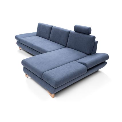 Canapé d'angle convertible rembourré AVESTA, configuration en L avec coffre de rangement, angle droit, bleu