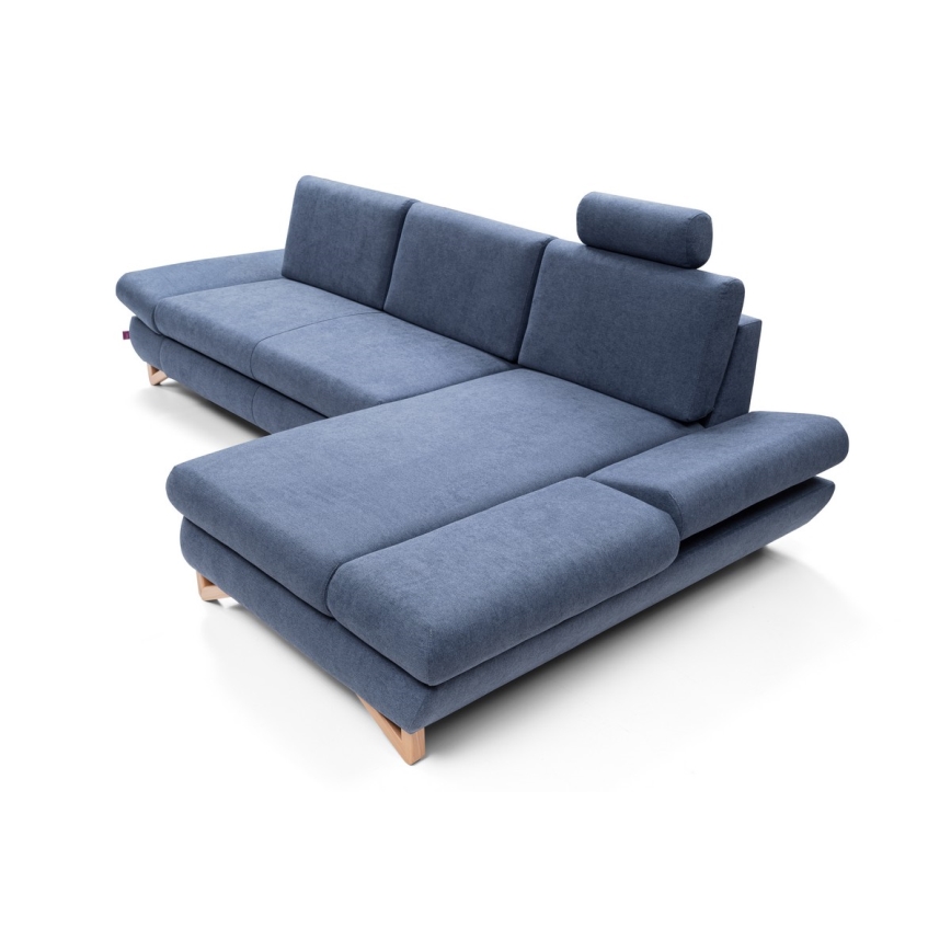 Canapé d'angle convertible rembourré AVESTA, configuration en L avec coffre de rangement, angle droit, bleu