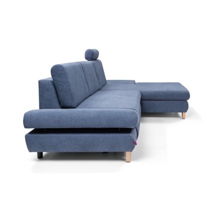 Canapé d'angle convertible rembourré AVESTA, configuration en L avec coffre de rangement, angle droit, bleu