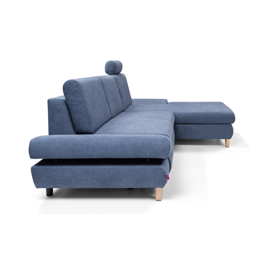 Canapé d'angle convertible rembourré AVESTA, configuration en L avec coffre de rangement, angle droit, bleu