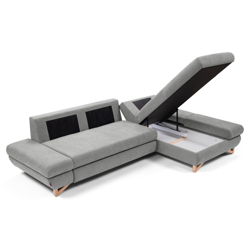 Canapé d'angle convertible rembourré en L AVESTA, coffre de rangement intégré, version droite, gris
