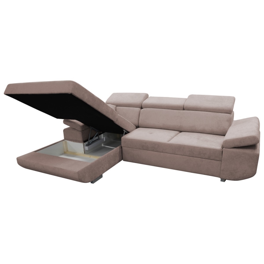 Canapé d'angle convertible CASTELO en L, côté gauche, beige, avec coffre de rangement