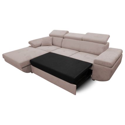 Canapé d'angle convertible CASTELO en L, côté gauche, beige, avec coffre de rangement