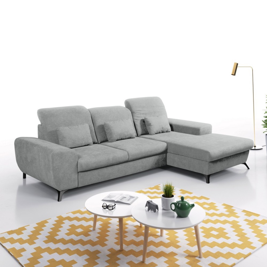 Canapé d'angle convertible en L ALTA, rembourré, avec coffre de rangement, côté droit — gris