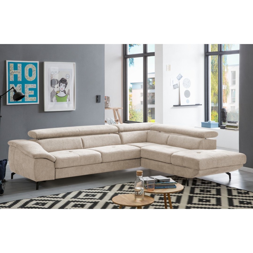 Canapé d'angle convertible en L BRESCIA avec rangement, version droite, beige