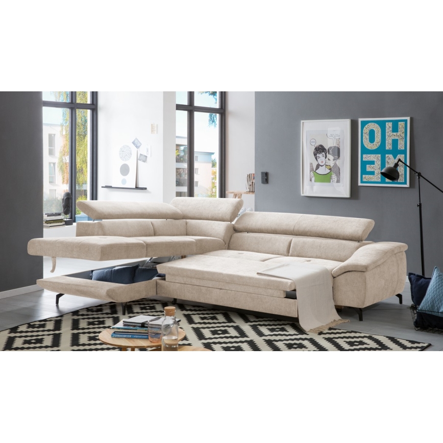 Canapé d'angle convertible en L BRESCIA — version gauche avec coffre de rangement, beige
