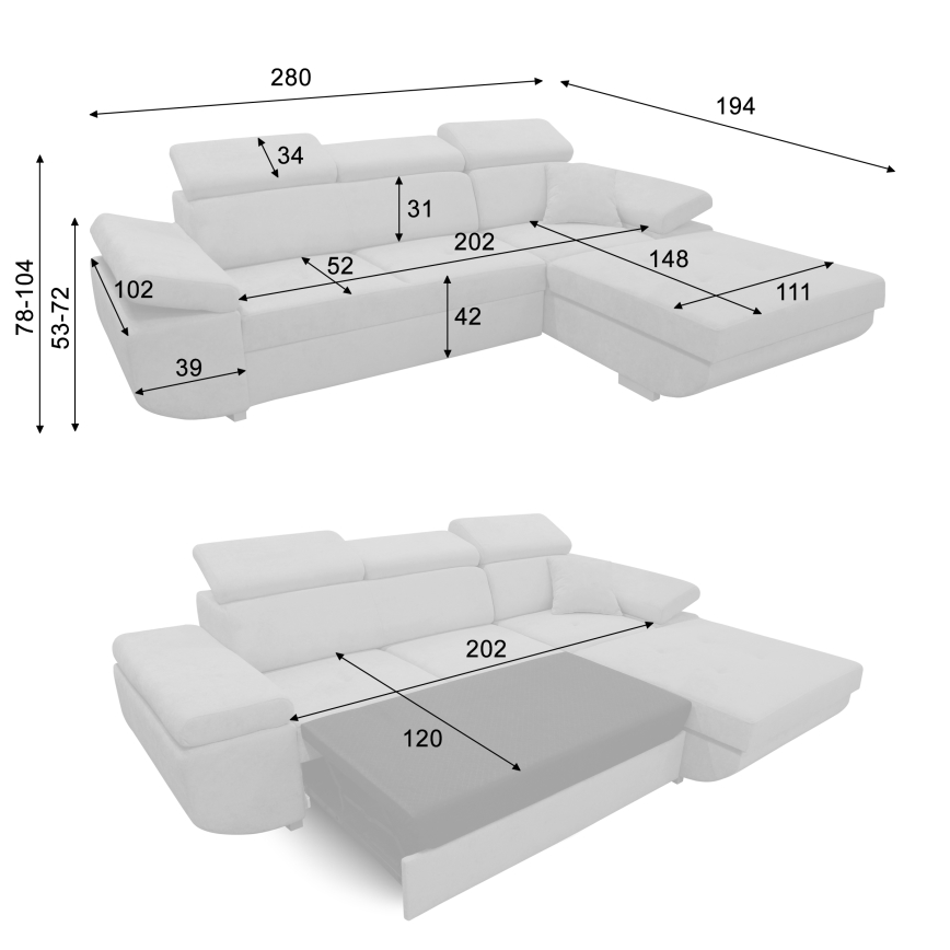Canapé d'angle convertible en L CASTELO avec coffre de rangement, angle droit, gris