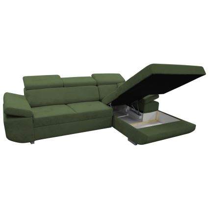 Canapé d'angle convertible en L CASTELO avec coffre de rangement, angle droit, vert