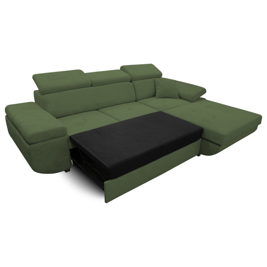 Canapé d'angle convertible en L CASTELO avec coffre de rangement, angle droit, vert