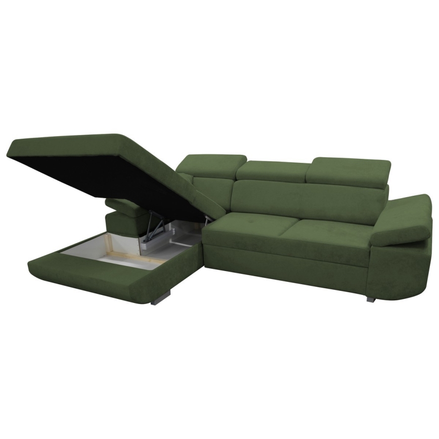 Canapé d'angle convertible en L CASTELO avec coffre de rangement, version gauche, vert