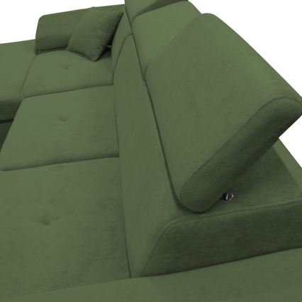 Canapé d'angle convertible en L CASTELO avec coffre de rangement, version gauche, vert