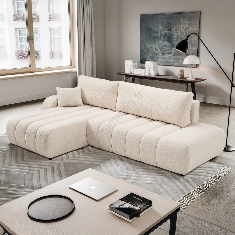 Canapé 3 Places D'angle En Forme De L - Tissu Lin Beige, Coussins Réglables, Design Moderne Pour Salon