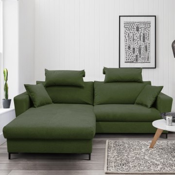 Canapé d'angle convertible en L HORTA, angle gauche, avec coffre de rangement, vert