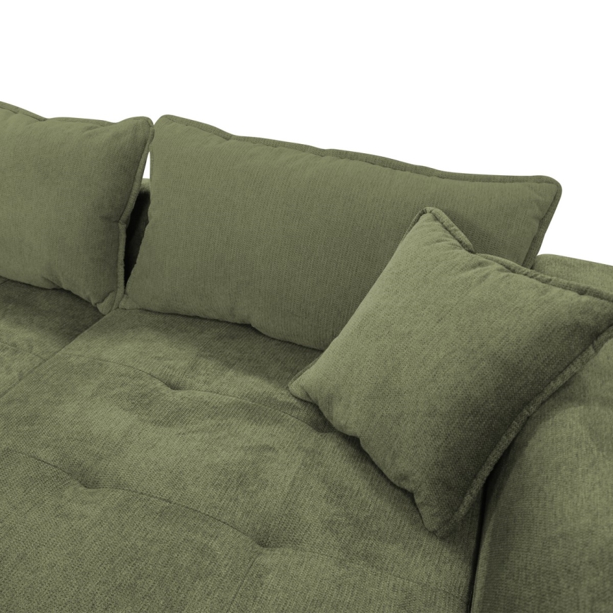 Canapé d'angle convertible en L LAGOA, angle droit, vert, avec coffre de rangement