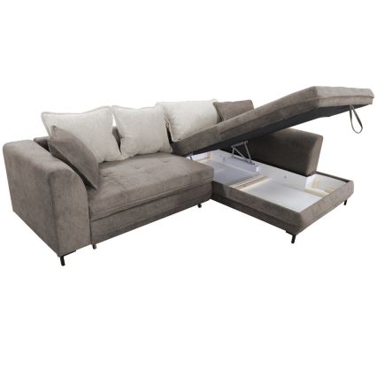 Canapé d'angle convertible en L LAGOA, angle droit, avec coffre de rangement, taupe/gris