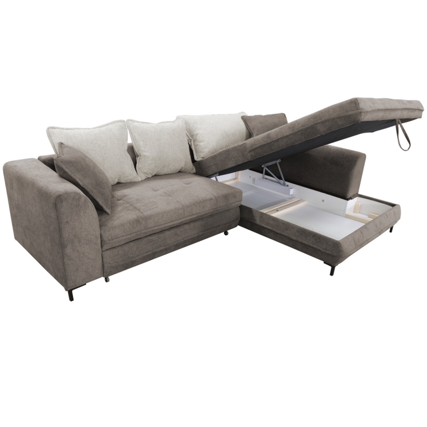 Canapé d'angle convertible en L LAGOA, angle droit, avec coffre de rangement, taupe/gris
