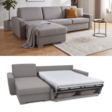 Canapé d'angle convertible en L LEKA gauche gris avec espace de rangement, idéal pour un couchage quotidien