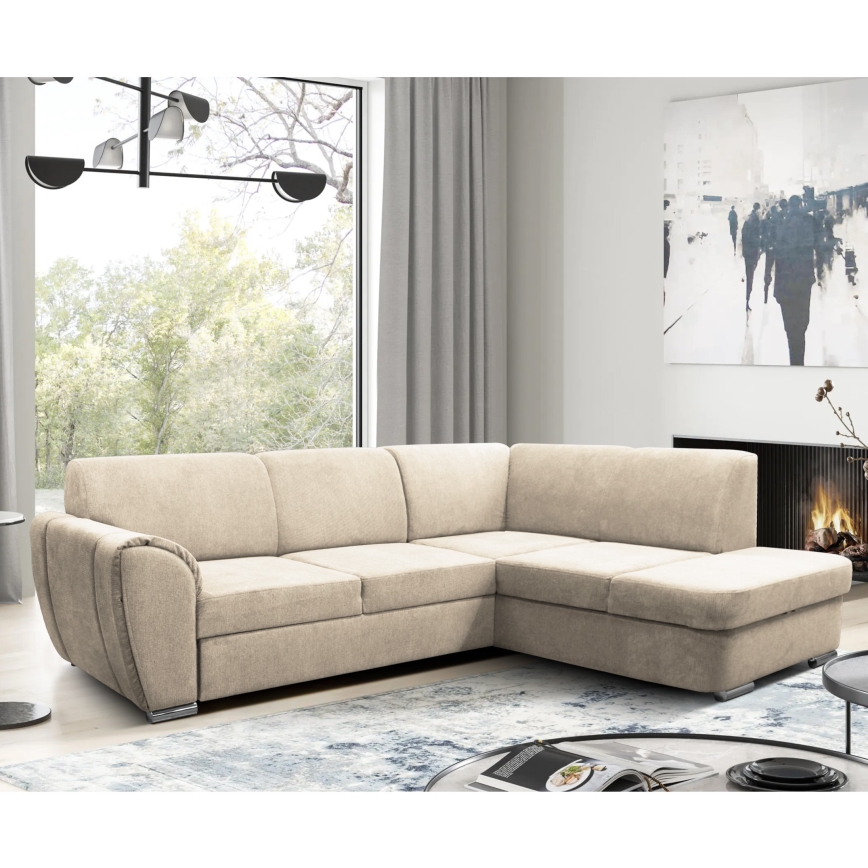 Canapé d'angle convertible en L SERPA, angle droit, beige, avec coffre de rangement
